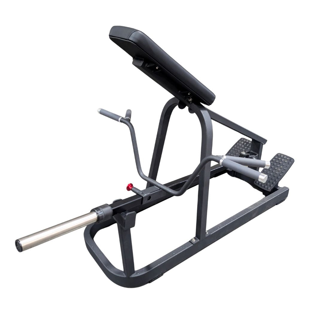 Black T-bar row machine with an angled pad, footplates, and a long silver bar for weights.
