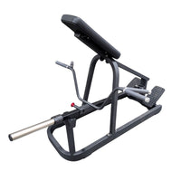 Thumbnail for Black T-bar row machine with an angled pad, footplates, and a long silver bar for weights.