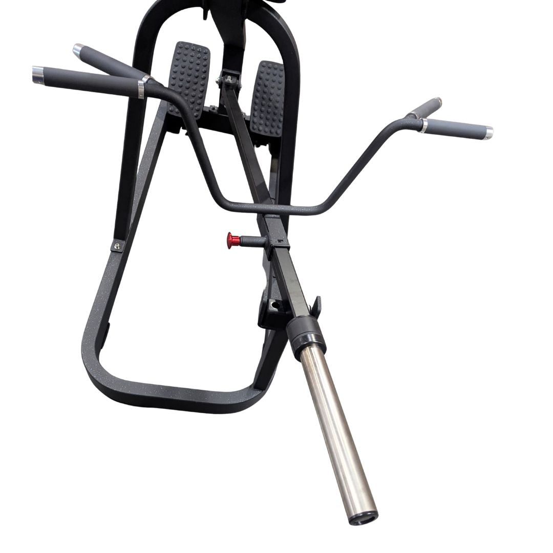 Black T-bar row machine with footplates, multiple grip handles, and a silver barbell sleeve.