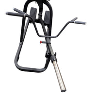 Thumbnail for Black T-bar row machine with footplates, multiple grip handles, and a silver barbell sleeve.
