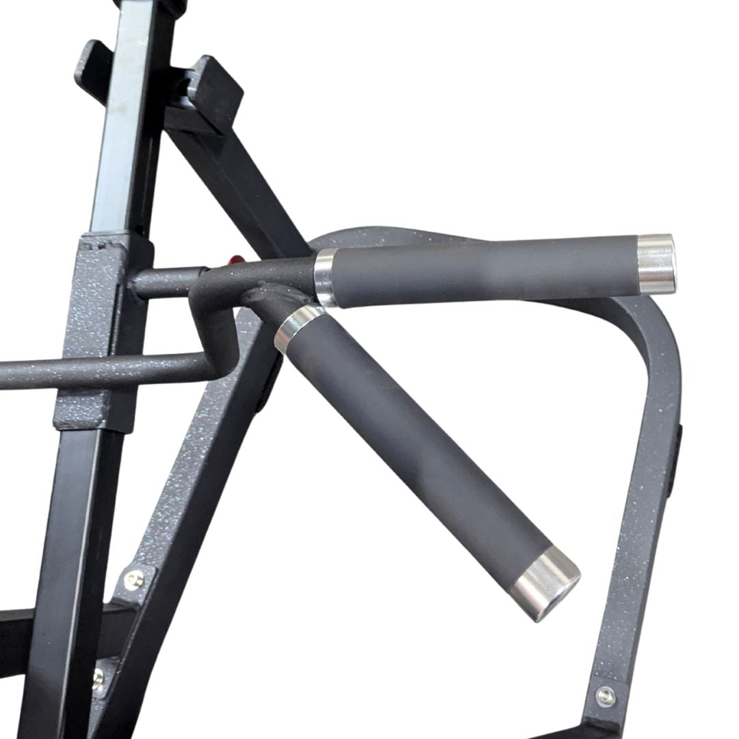 Close-up of the T-bar row machine's black padded handles with silver ends.