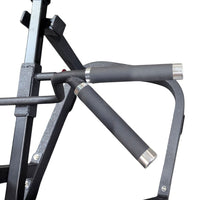 Thumbnail for Close-up of the T-bar row machine's black padded handles with silver ends.