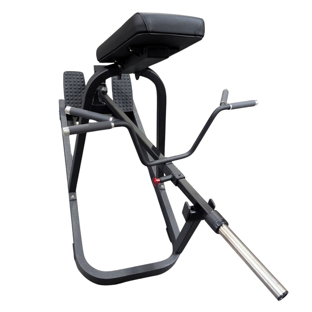 Black T-bar row machine with padded chest support, footplates, and multiple grip handles.