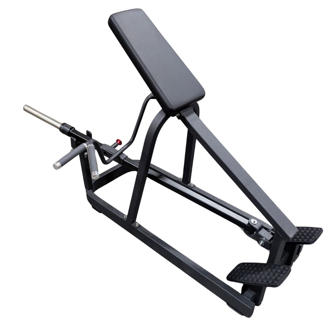 Black T-bar row machine with an angled padded bench, footplates, and a barbell sleeve.