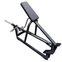 Thumbnail for Black T-bar row machine with an angled padded bench, footplates, and a barbell sleeve.