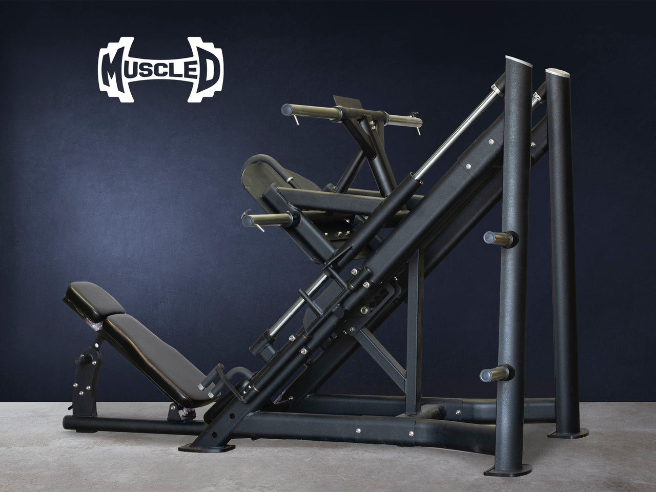 Black 45-degree linear leg press machine with adjustable back pad and weight plate holders.