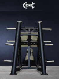 Thumbnail for Black linear leg press machine with chrome weight plate holders on each side.