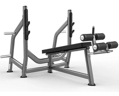 Gray decline bench with black padding, foot rollers, plate storage, and bar holders.
