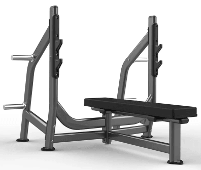 Gray flat weight bench with black upholstery and barbell rack.