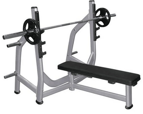 Gray Olympic flat bench with black upholstery, barbell, and weight plates.
