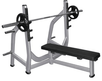 Thumbnail for Gray Olympic flat bench with black upholstery, barbell, and weight plates.
