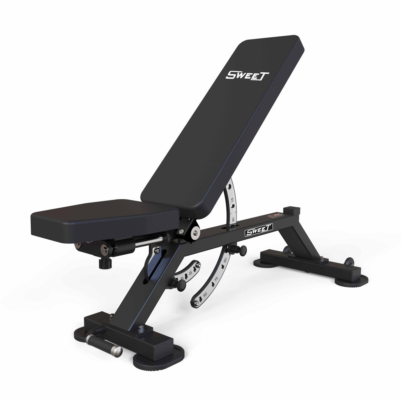 Black adjustable weight bench with "SWEET" logo on seat and backrest.