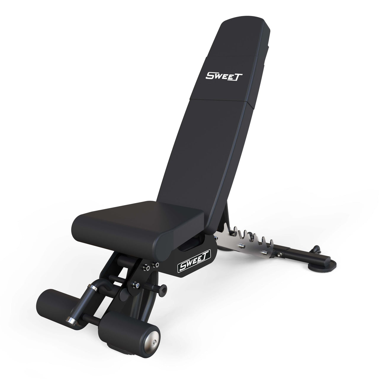 Black adjustable weight bench with "SWEET" logo, set in an incline position.