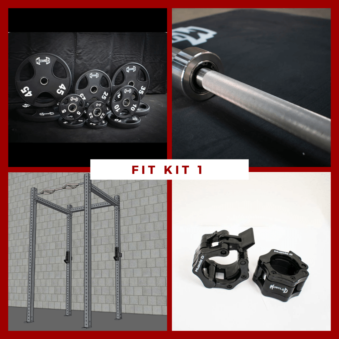Fitness kit with weight plates, barbell, 4-post rack, and barbell clamps.