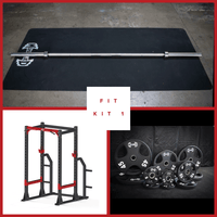 Thumbnail for Barbell, power cage, and weight plates for a home gym.