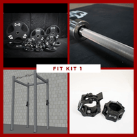 Thumbnail for Fitness kit with weight plates, barbell, 4-post rack, and barbell clamps.