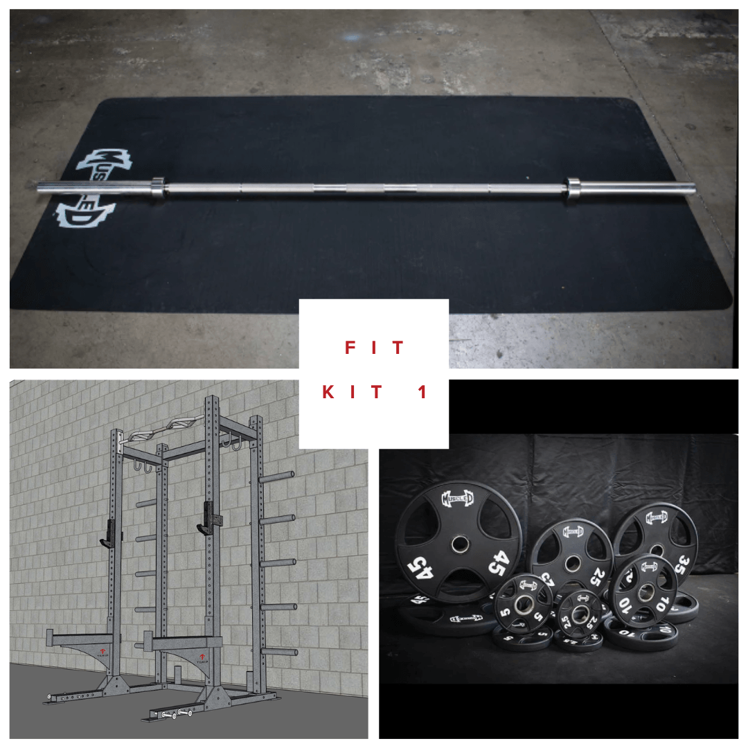 A barbell, half rack, and weight plates shown in a 3-part collage.