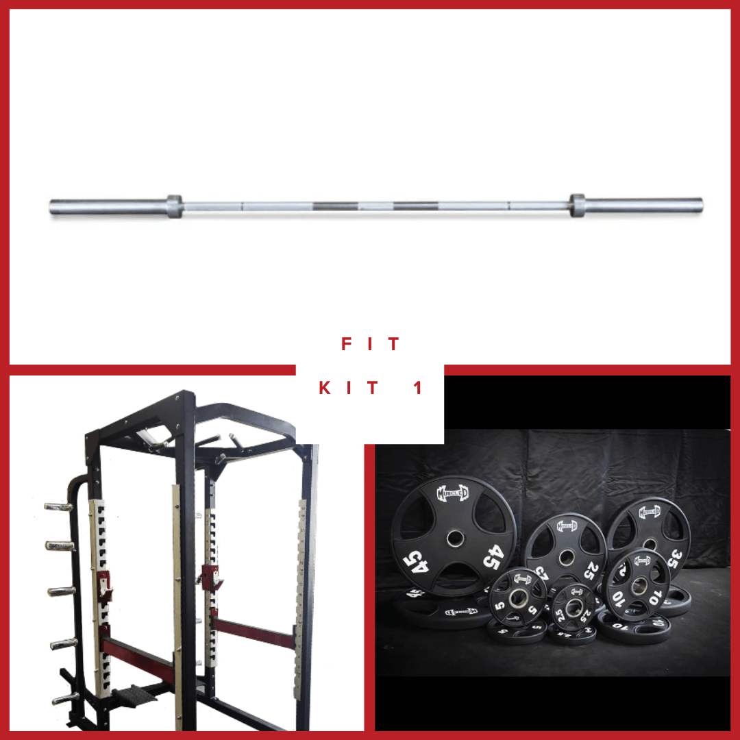 Power cage, barbell, and assorted weight plates in a collage.