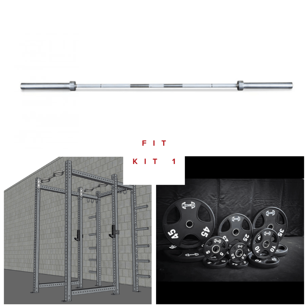Barbell, power rack with J-hooks & plate storage, and a stack of weight plates.