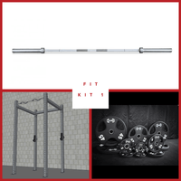 Thumbnail for Barbell, 4-post squat rack, and a stack of black weight plates.