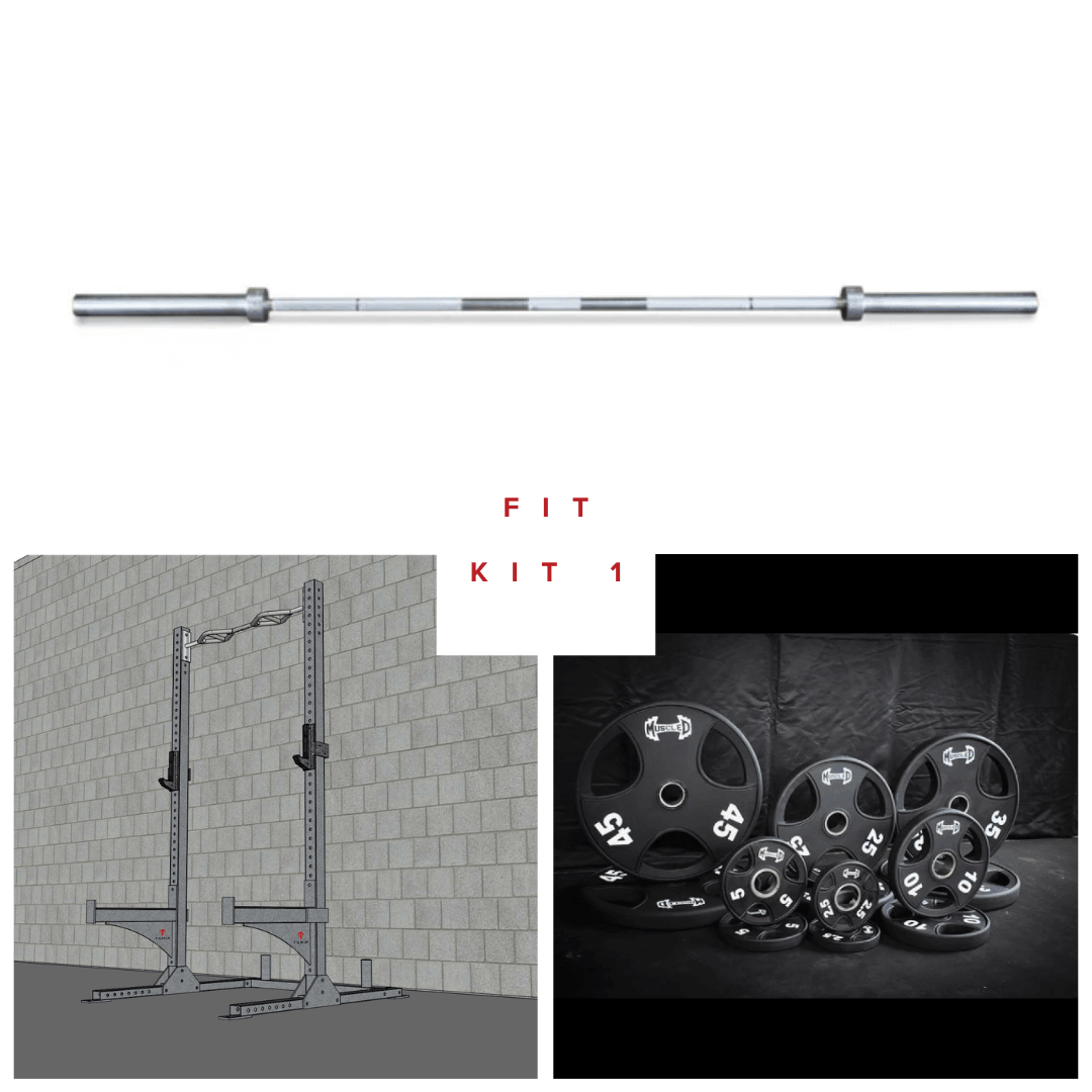 Barbell, squat stand, and weight plates in various sizes against a white and dark background.