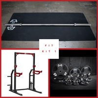 Thumbnail for Barbell, weight plates, and a half squat rack with dip handles.
