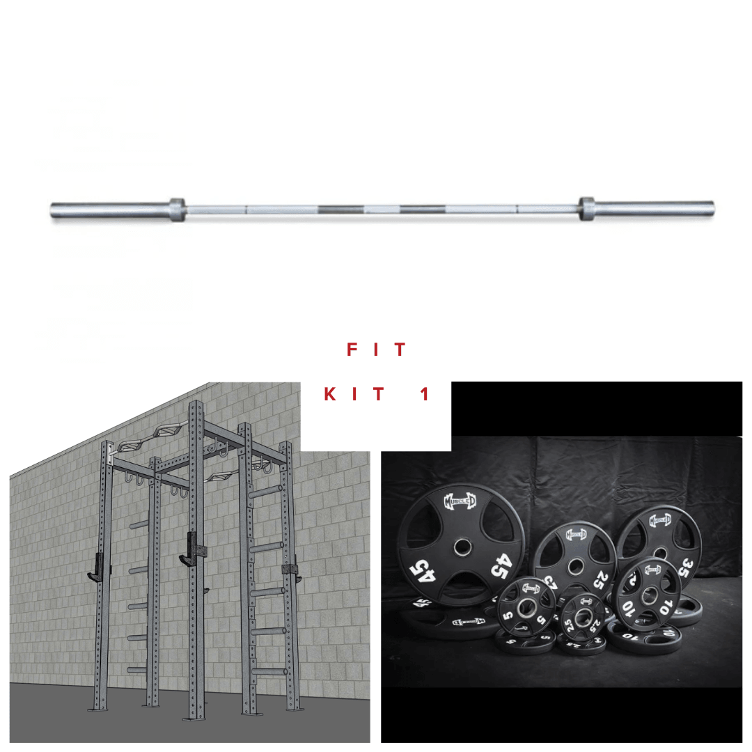 Barbell, wall-mounted rack, and various weight plates.