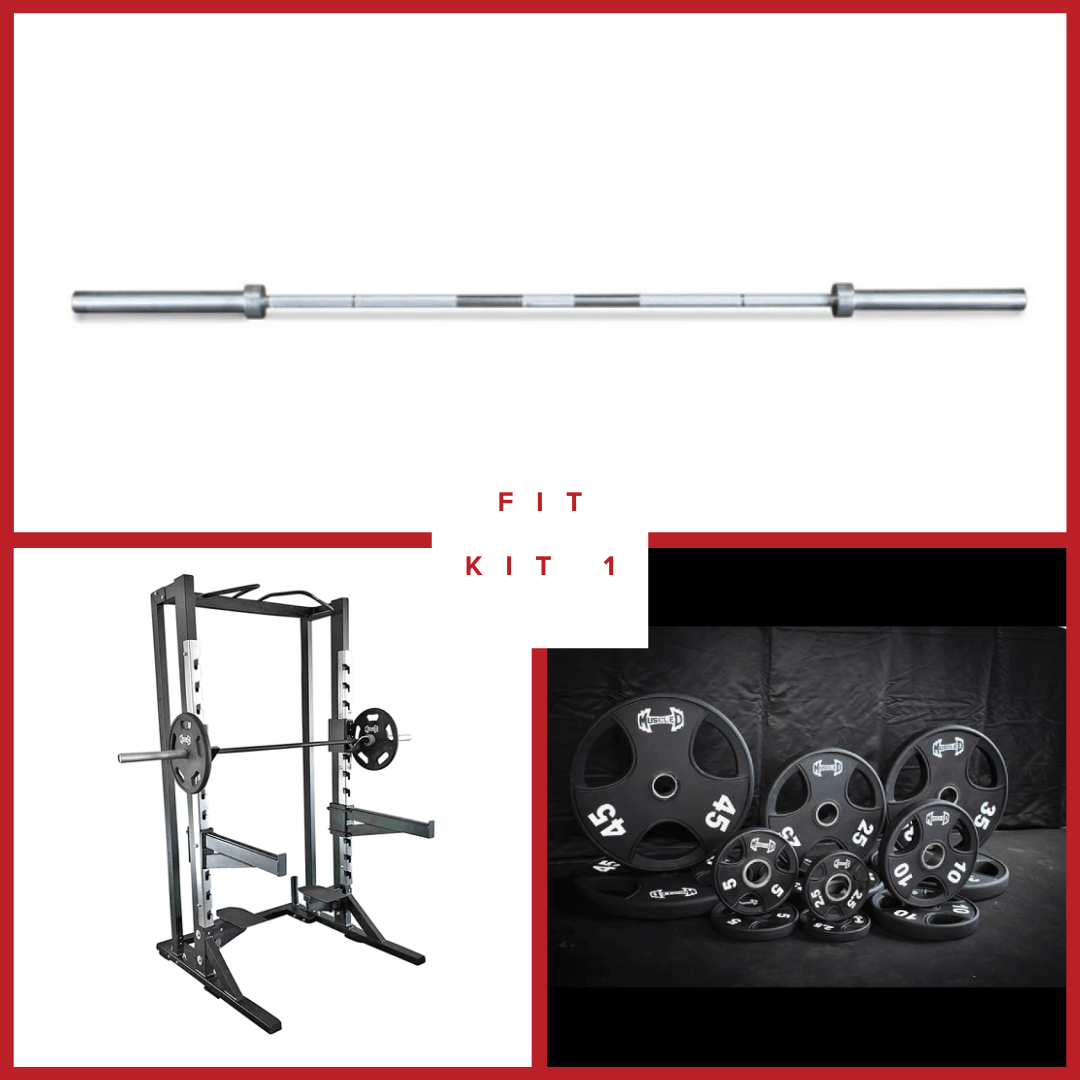 Half rack with barbell, weight plates, and a separate barbell.