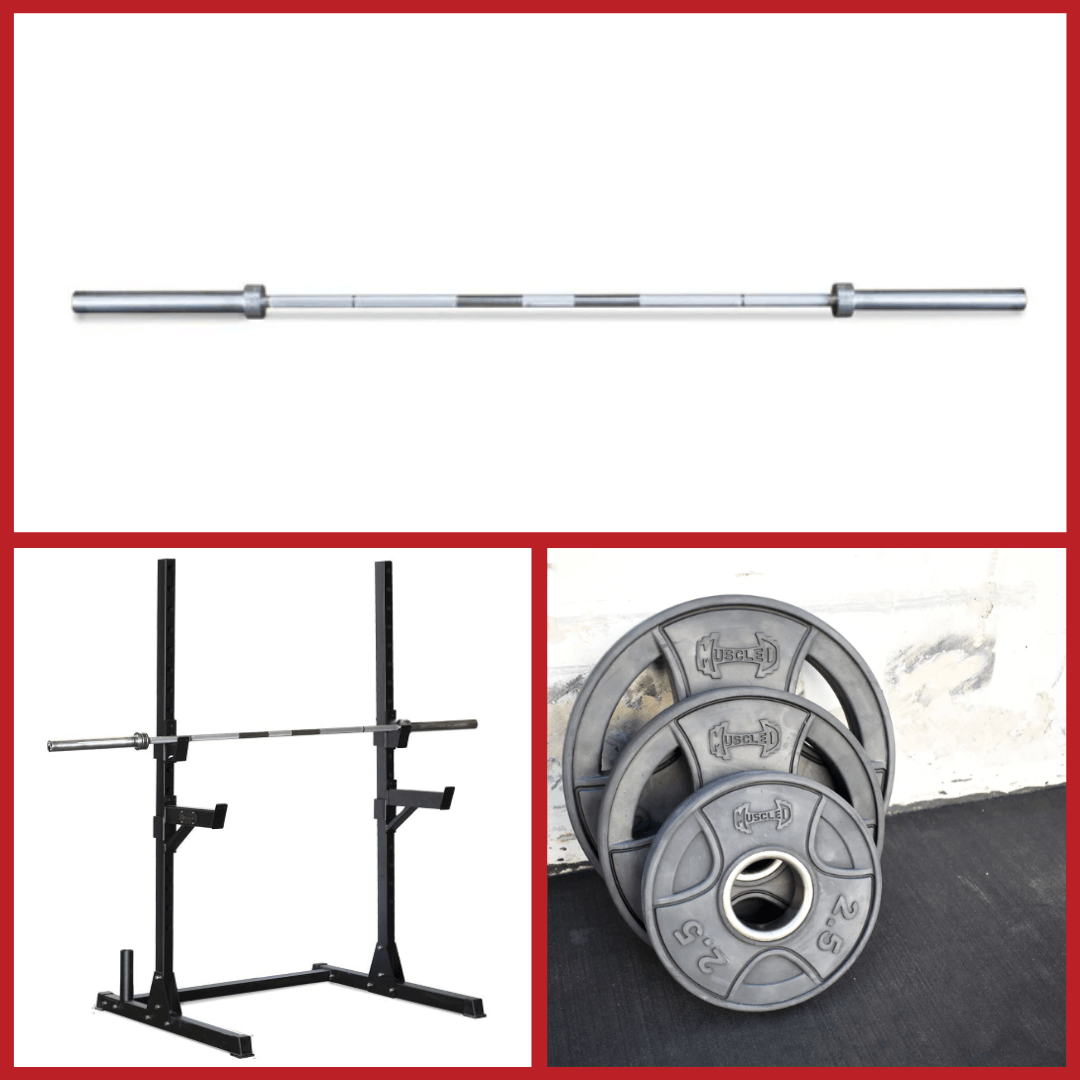 Barbell, black squat stand with barbell, and three grey weight plates.