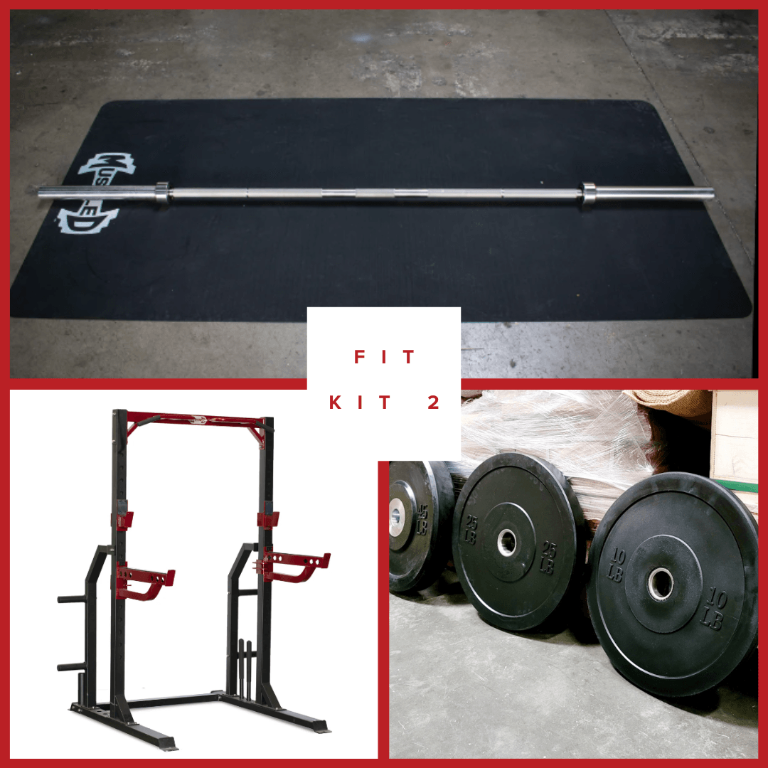 Barbell, squat rack, and weight plates on a mat.