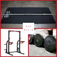 Thumbnail for Barbell, squat rack, and weight plates on a mat.