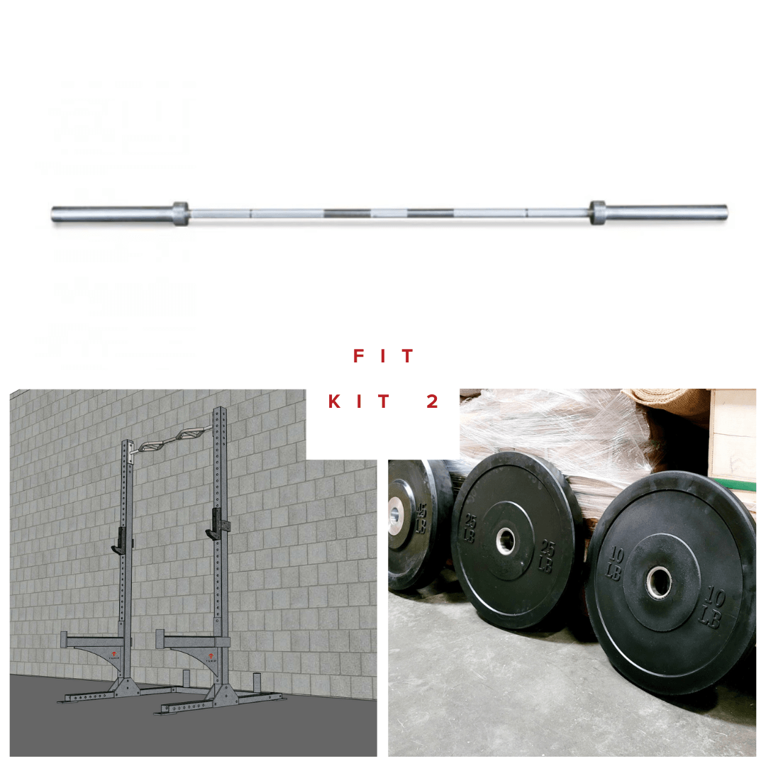 Squat stand, barbell, and weight plates shown in a composite image.