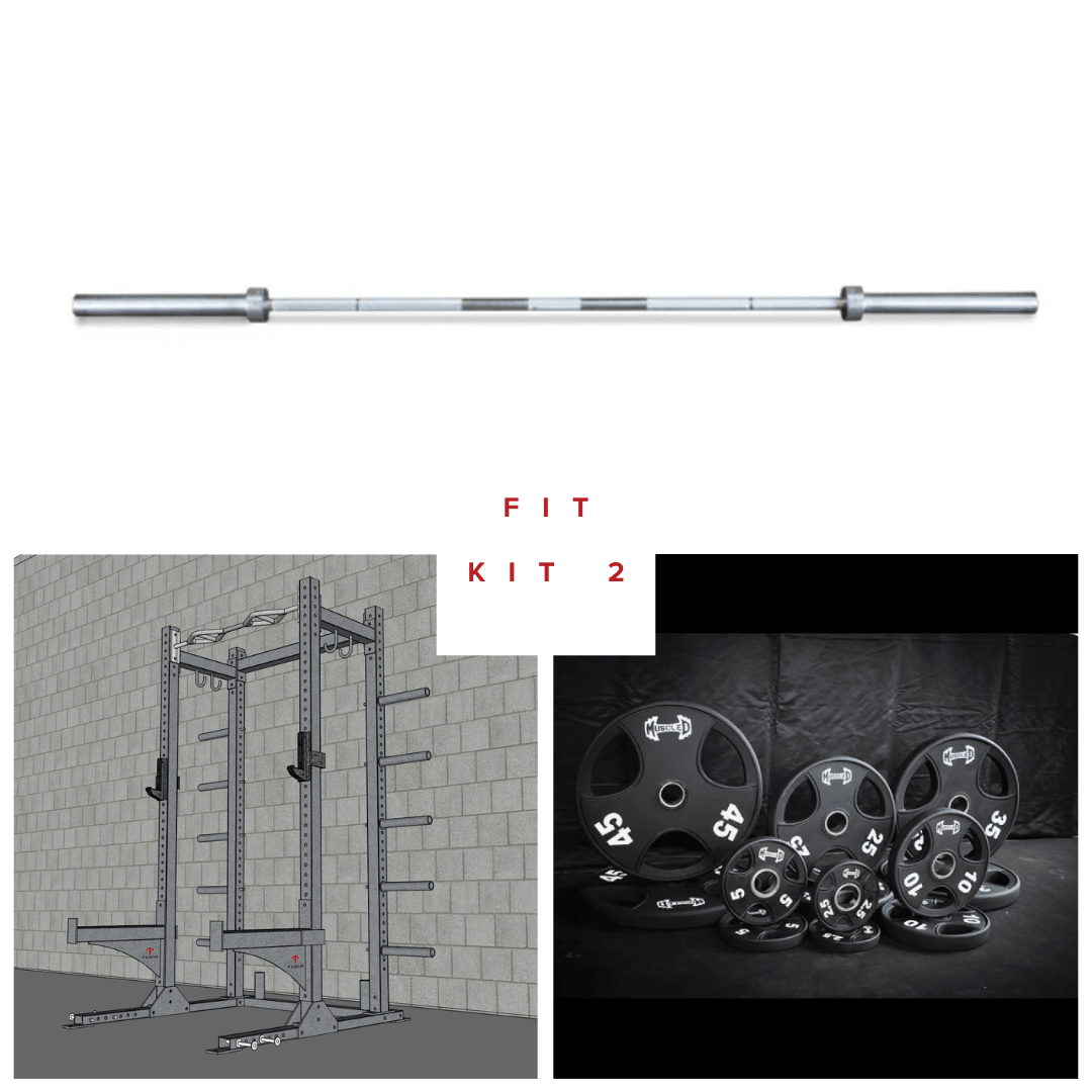 Half rack, barbell, and weight plates for a complete gym kit.