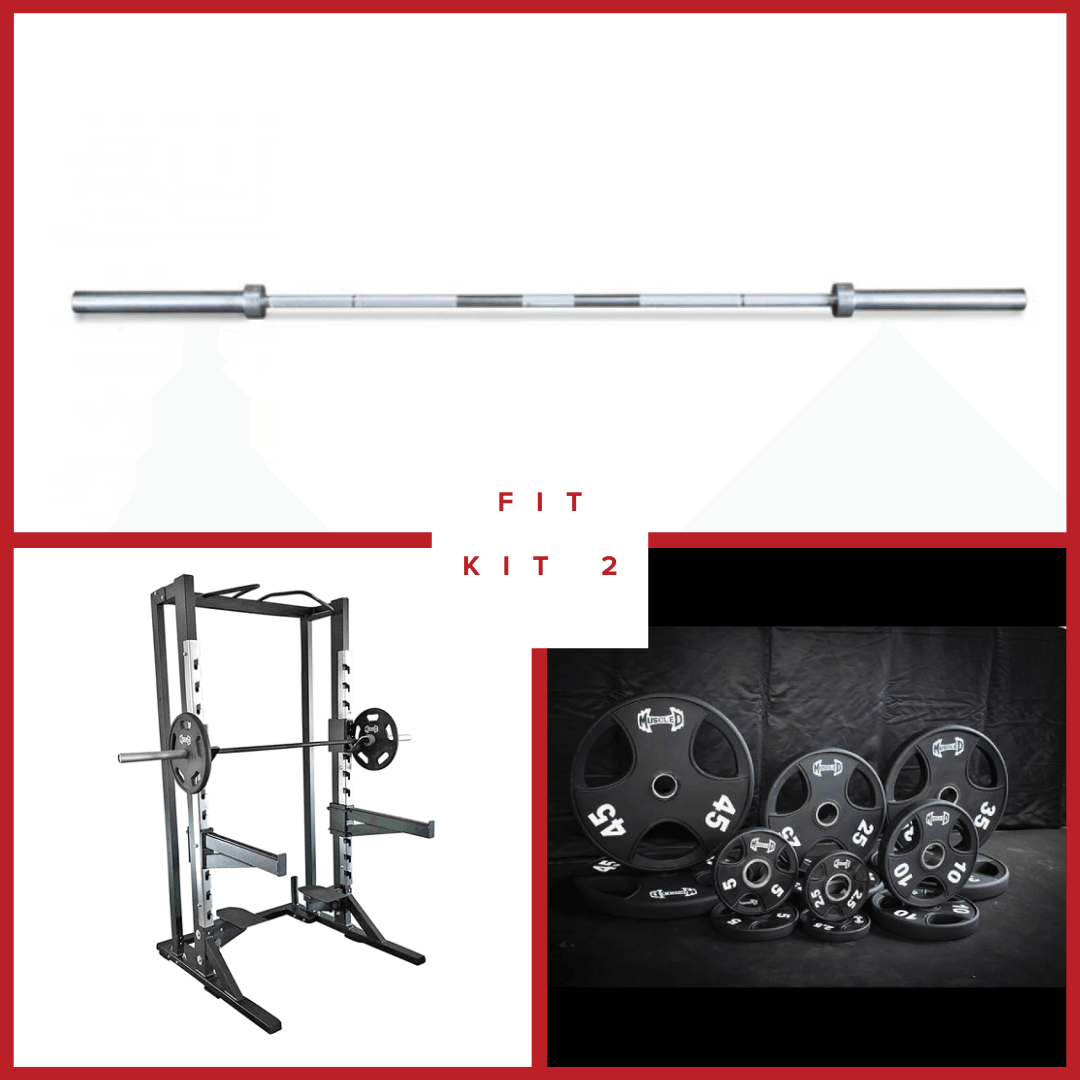 Half rack, barbell, and various weight plates.