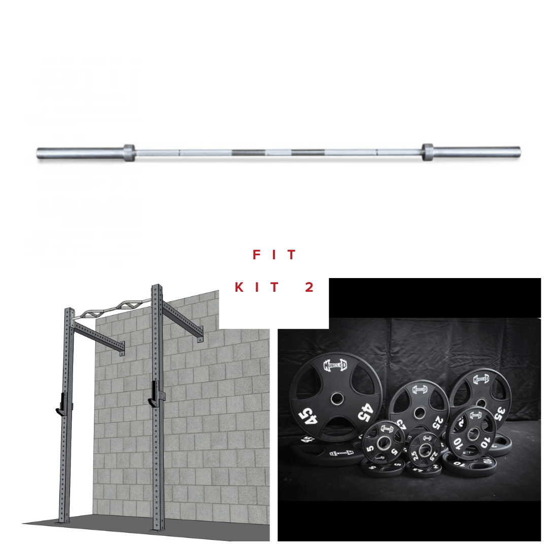 Barbell, wall-mount rig with pull-up bar and J-hooks, and a set of weight plates.