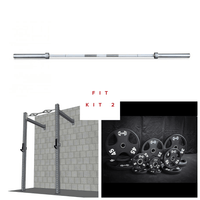 Thumbnail for Barbell, wall-mount rig with pull-up bar and J-hooks, and a set of weight plates.