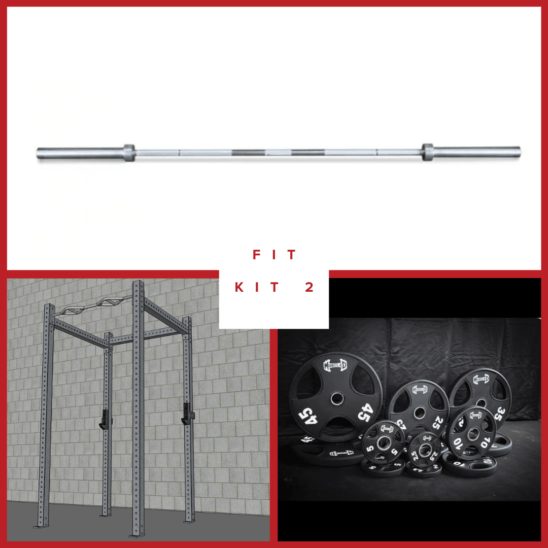 Barbell, 4-post rack, and weight plates in a split image.