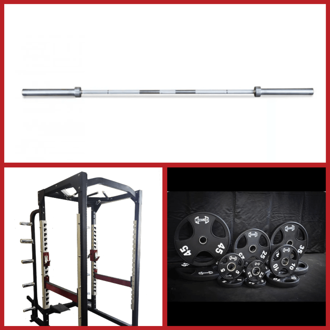 Power cage, barbell, and a set of black weight plates.