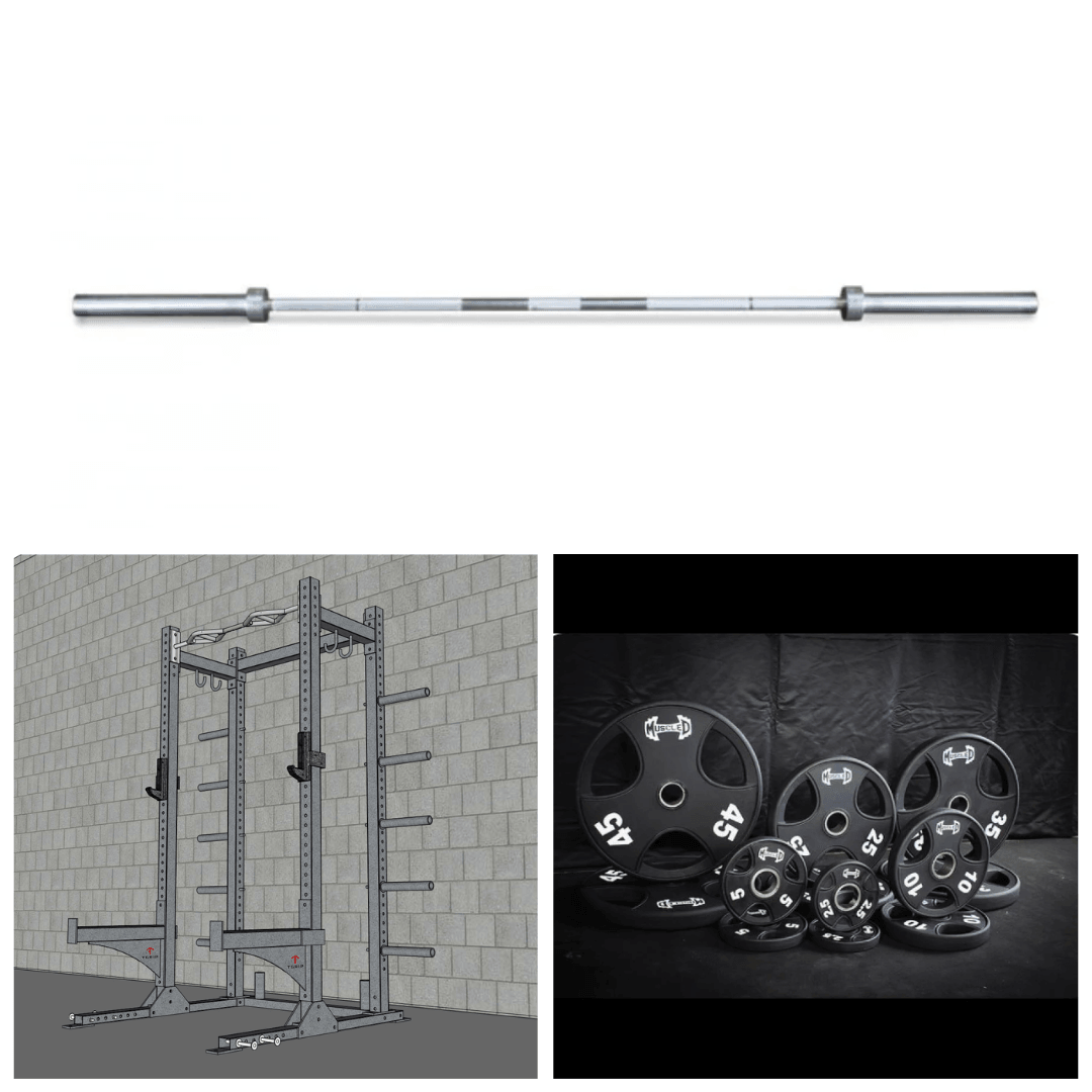 Silver barbell, grey half rack with J-hooks, and black weight plates in various sizes.