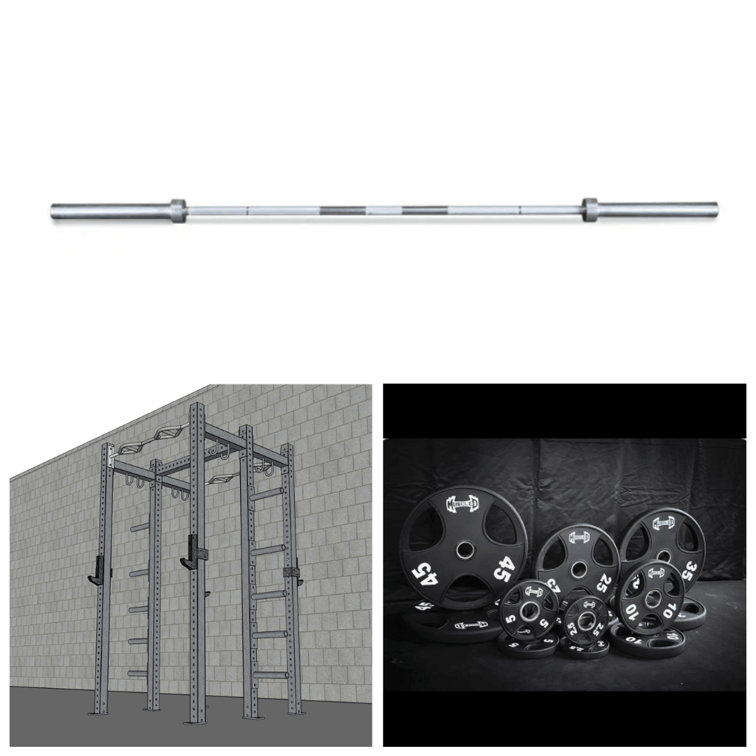 Barbell, wall-mounted rack, and weight plates.