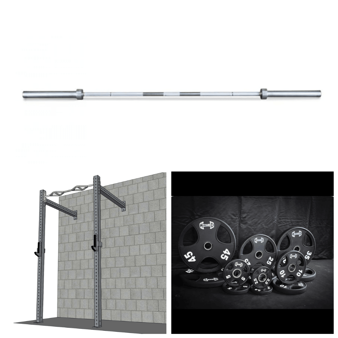 Wall-mounted rig with pull-up bar and J-hooks, barbell, and a set of weight plates.