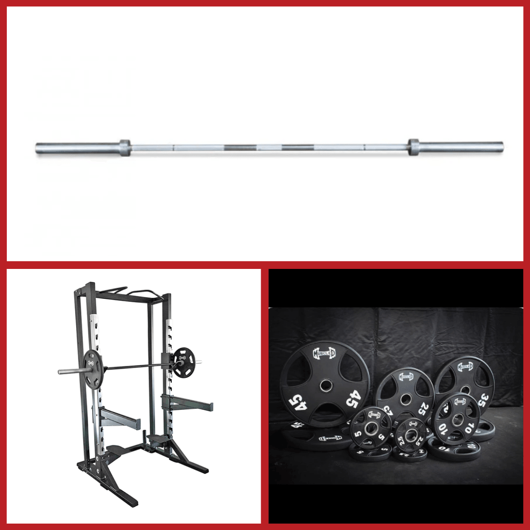 Half rack with barbell, weight plates, and a separate barbell on white.