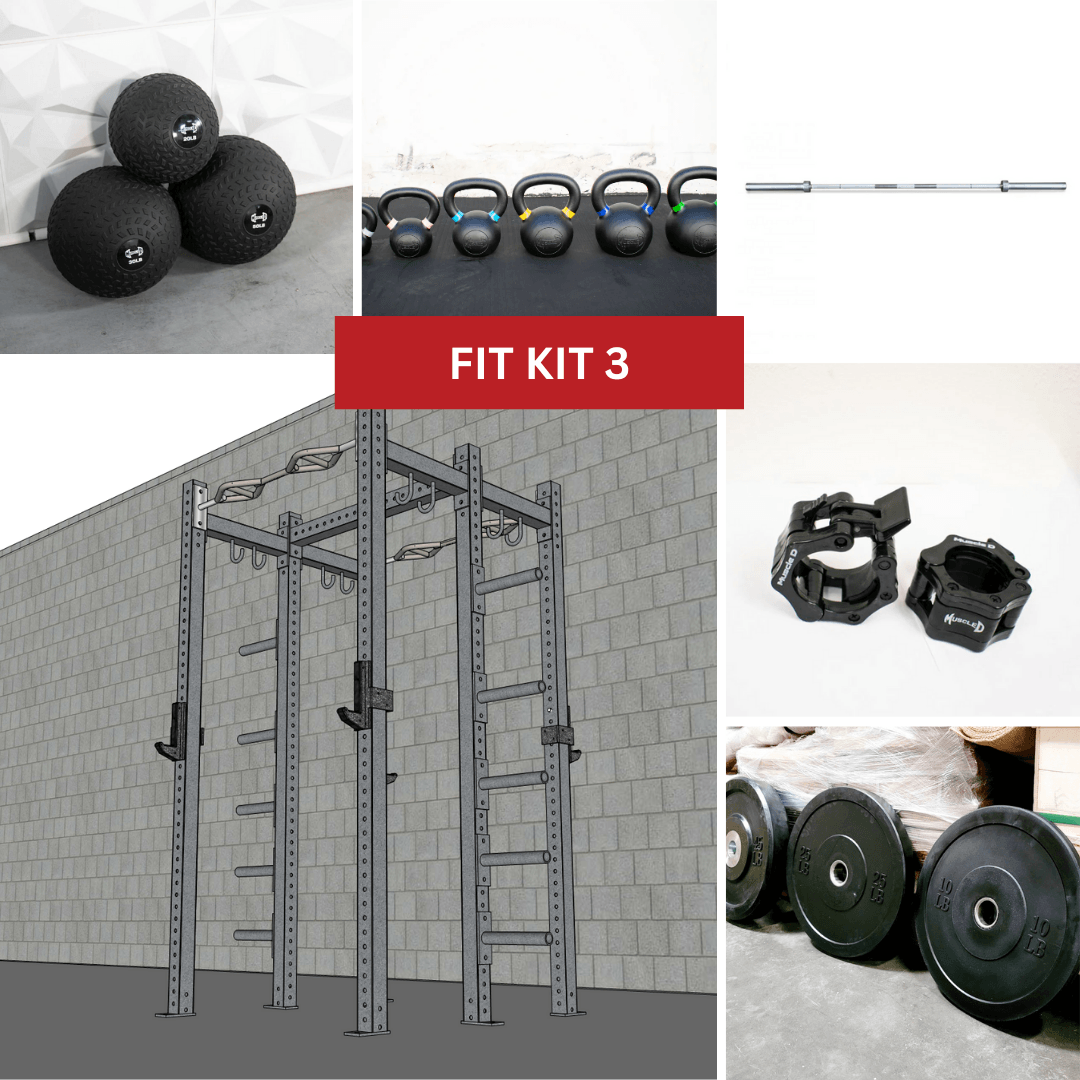 Fitness equipment collage: weight rack, kettlebells, slam balls, barbell, weight plates, and barbell collars.