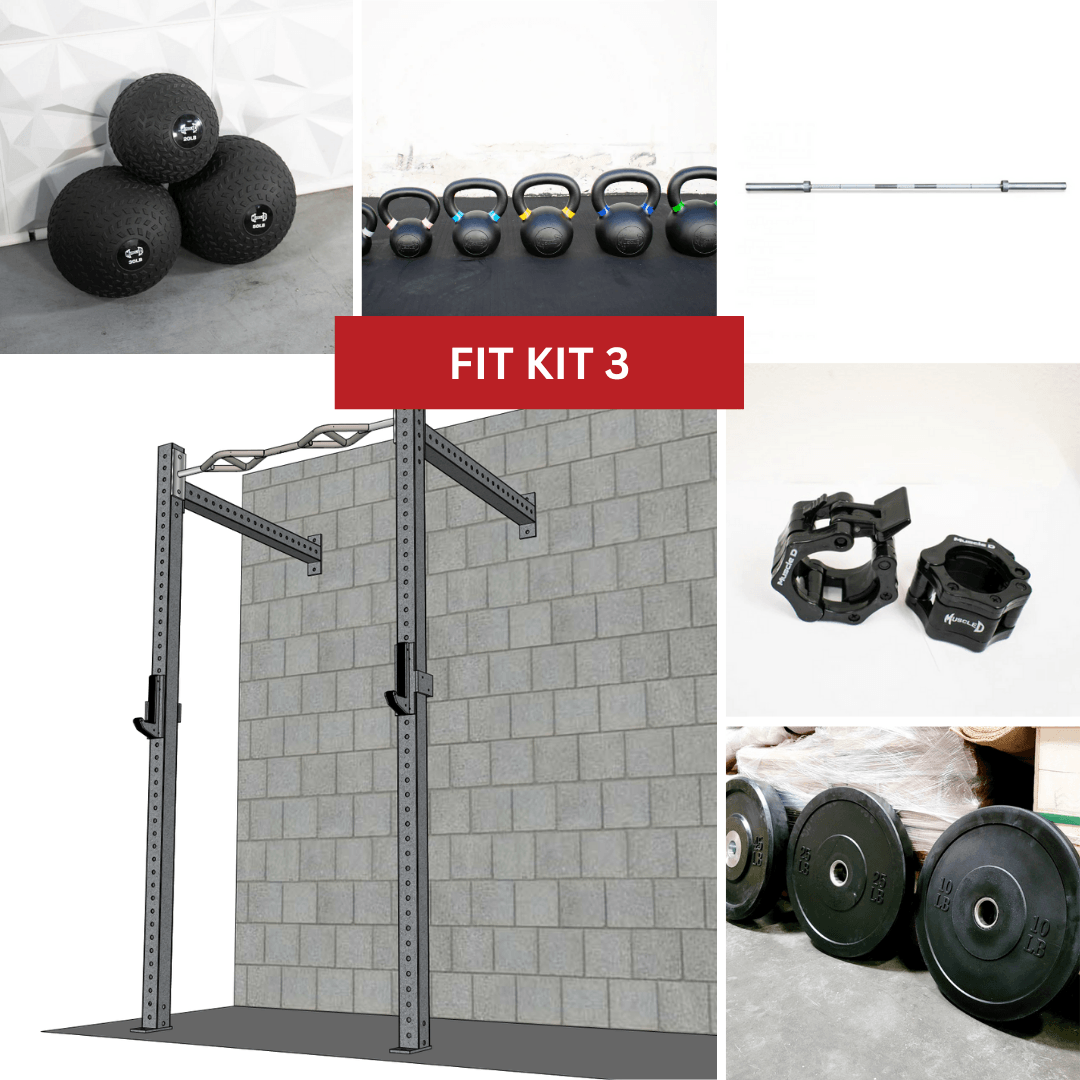 Collage of a wall mount rig, medicine balls, kettlebells, barbell, clamps, and weight plates.