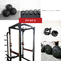 Thumbnail for Power cage, barbells, kettlebells, medicine balls, weight plates, and barbell clamps.