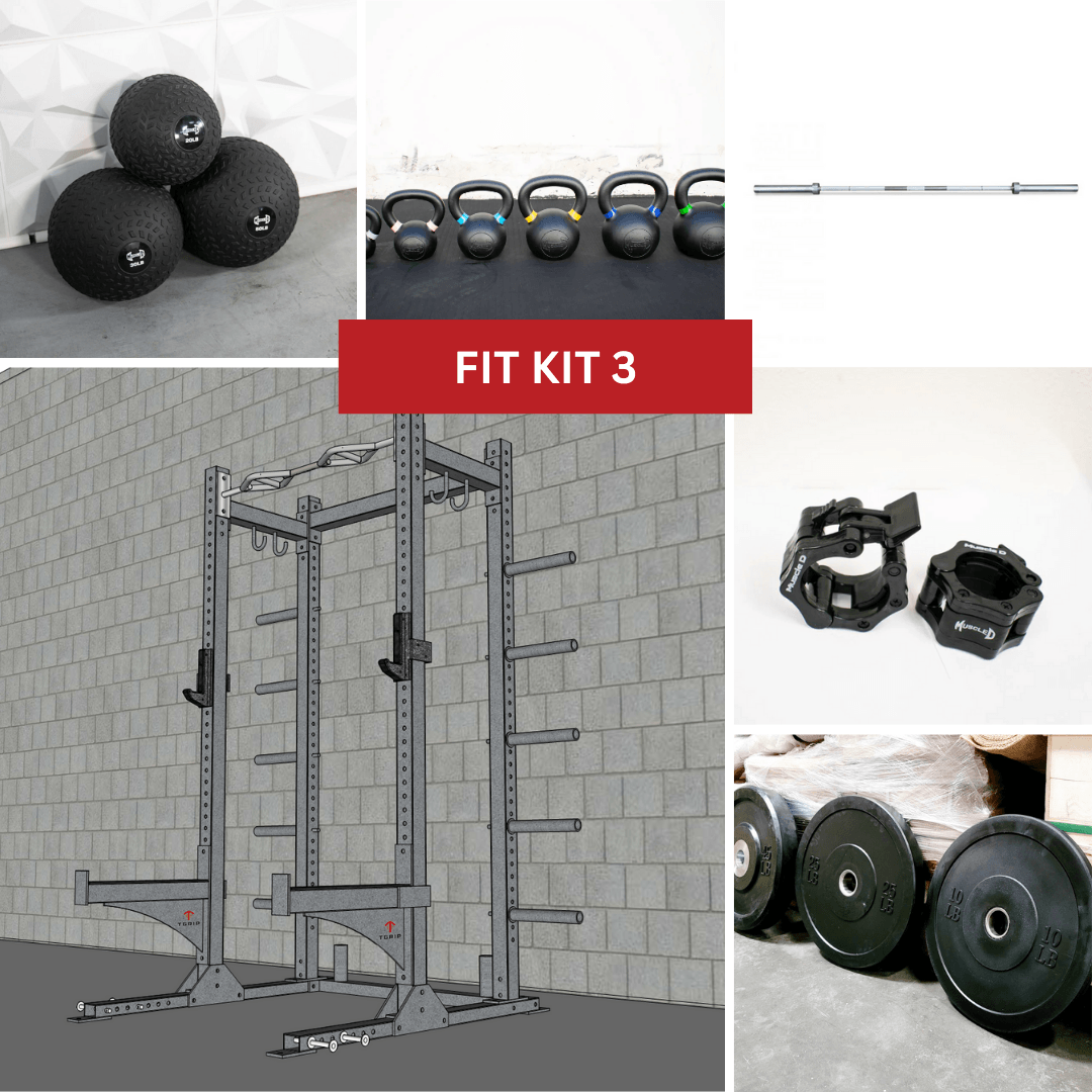 Collage of a half rack, barbell, clamps, kettlebells, medicine balls, and weight plates.
