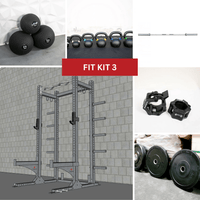 Thumbnail for Collage of a half rack, barbell, clamps, kettlebells, medicine balls, and weight plates.