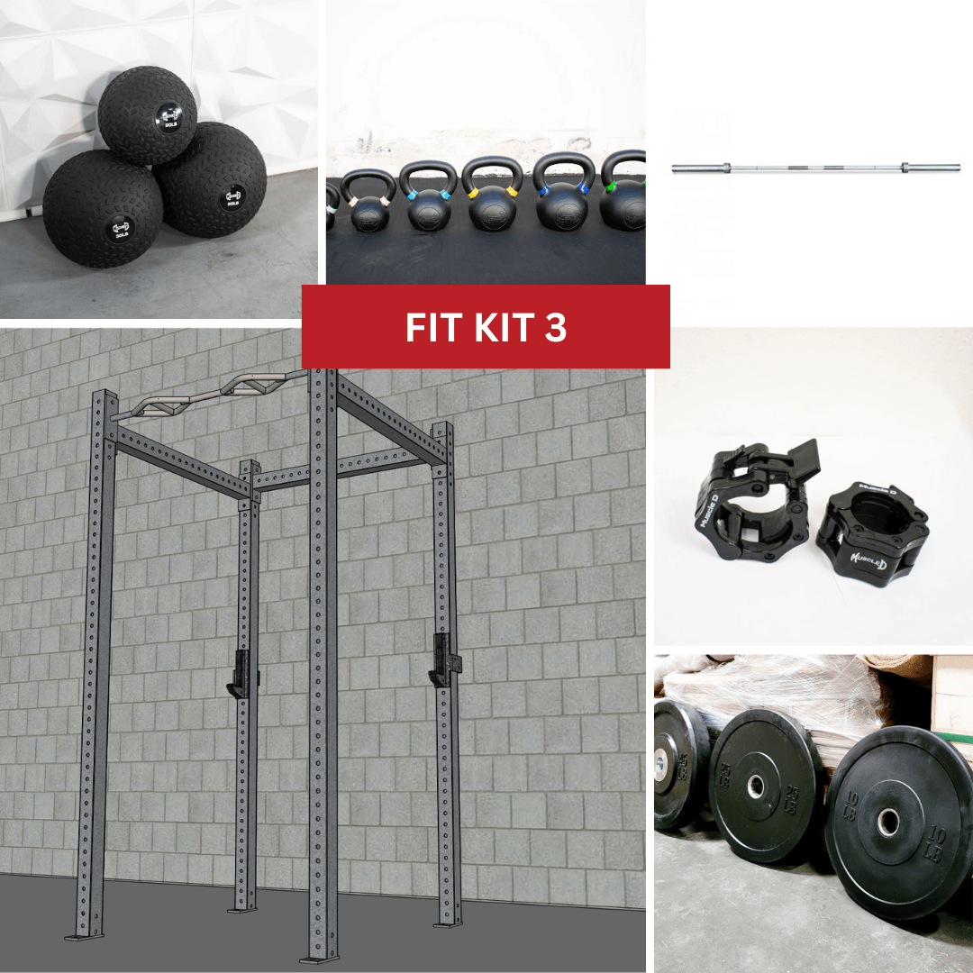 A 4-post rack, medicine balls, kettlebells, barbell, collars, and weight plates for a complete gym kit.
