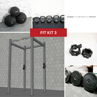 Thumbnail for A 4-post rack, medicine balls, kettlebells, barbell, collars, and weight plates for a complete gym kit.