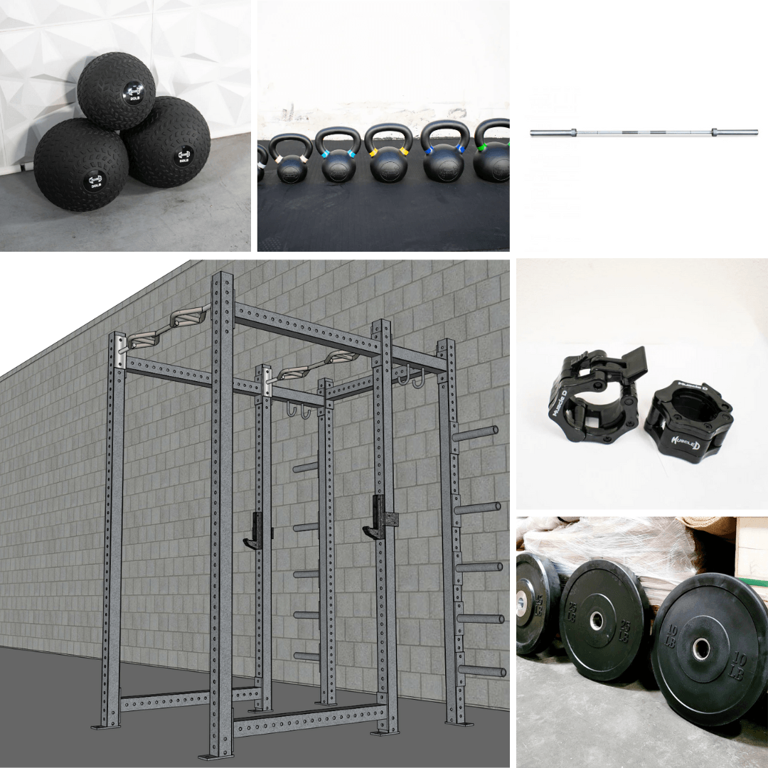 Collage of a power rack, medicine balls, kettlebells, barbell, weight plates, and barbell collars.